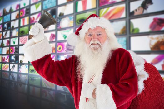 Happy santa ringing a bell against screen collage showing lifestyle images