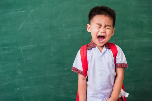 Back to School. Happy Asian funny cute little child boy from kindergarten in student uniform with school bag stand smiling on green school blackboard, First time to school education concept