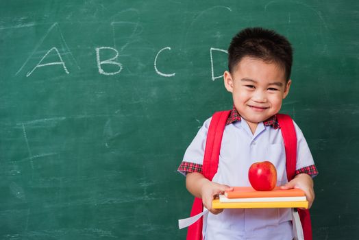 Back to School. Happy Asian funny cute little child boy from kindergarten in student uniform with school bag holding red apple on books smile on green school blackboard, First time to school education