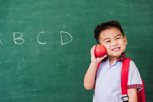 Back to School. Happy Asian funny cute little child boy from kindergarten in student uniform with school bag hold red apple on hand smiling on green school blackboard, First time to school education