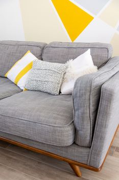 Stylish scandinavian style cozy living room interior with comfortable grey sofa