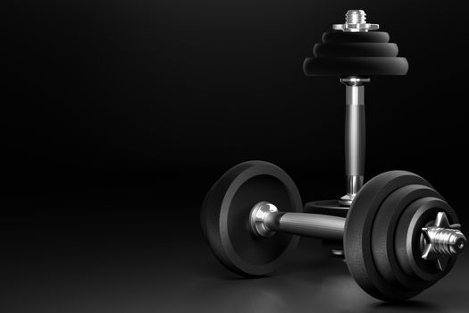 Dumbbell in dark background. Closeup and copy space on left. It is equipment for workout or fitness in gym. Made from iron and a lot of weight. 3D illustrator rendering. Concept of muscle health care.