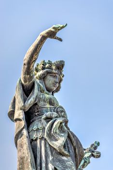 Ruse, Bulgaria - 07.26.2019. Sculpture of Liberty at the top of the monument in the city of Ruse, Bulgaria, on a sunny summer day