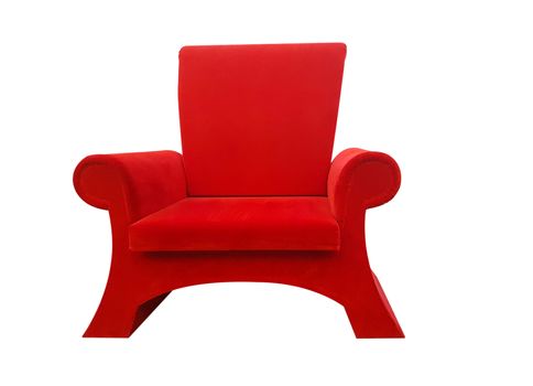 Red and big armchair of Santa Claus isolated on white background.