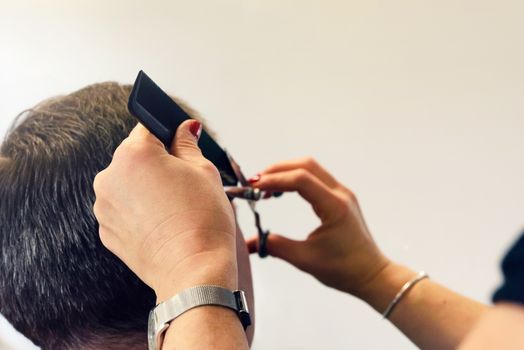 Client has a haircut in the professional hairdressing salon