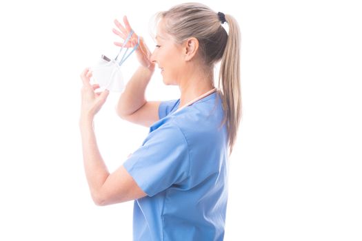 Nurse or healthcare worker putting on a N95  respirator mask