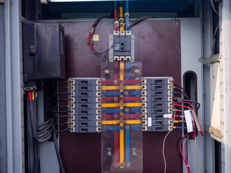 Electrical panel at a assembly line factory. Controls and switches.