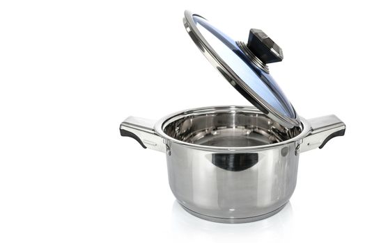 Professional metal saucepan with a open lid isolated on a white background with copy space
