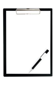 Mock-up of a pen and blank clipboard with copy space (top view)