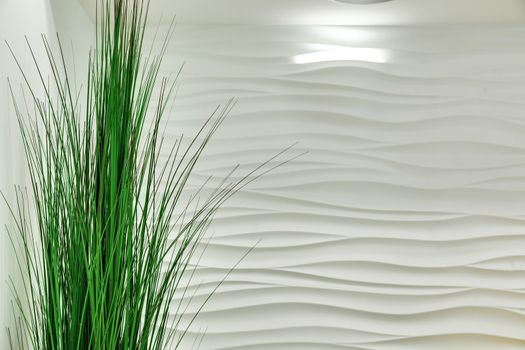 A green plant next to a decorative white embossed wall. Decorative background.