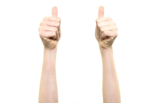 Woman is holding two thumbs up into the air on a white background