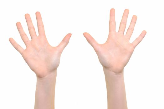 Caucasian white girl is showing her hands with open palms on a white background in close-up