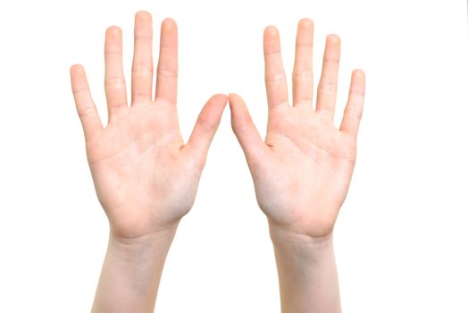 Caucasian white girl is showing her hands with open palms on a white background in close-up