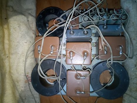 Acoustic filter - crossover, Amphiton 35AC-018 vintage acoustic system. Capacitors and coils on the circuit board.