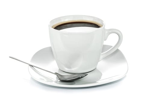 Cup of coffee and saucer with a spoon isolated on a white background in close-up