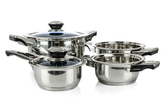 Group of premium stainless steel pots and pans isolated on a white background.