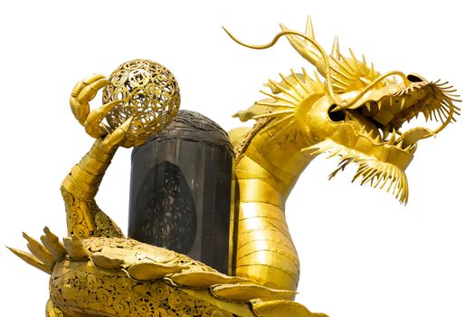 golden asian dragon made of recycle metals isolated on white background, clipping path