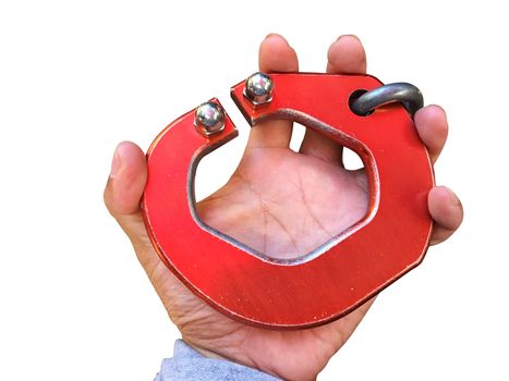 horizontal photo of big red carabiner on man's left hand isolated on white background, clipping path