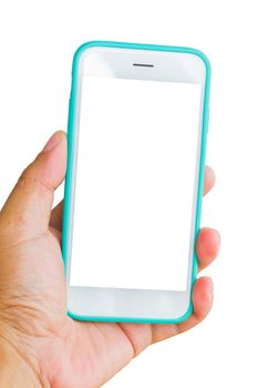 vertical photo of hand holding smart phone with green case isolated on white background, clipping path