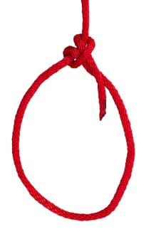 bowline knot made from red synthetic rope isolated on white background.