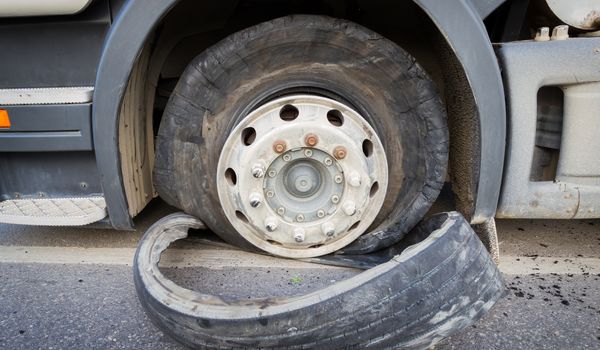 Damaged 18 wheeler semi truck burst tires by highway street.