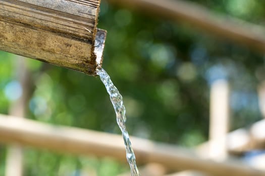 Traditional bamboo fountain with water in zen garden