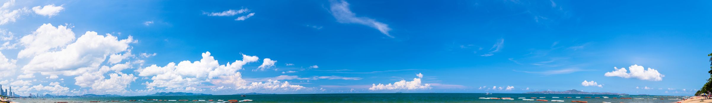 Beautiful 180 degree panorama beautiful beach Pattaya Thailand with blue sky and cloud on a sunny day