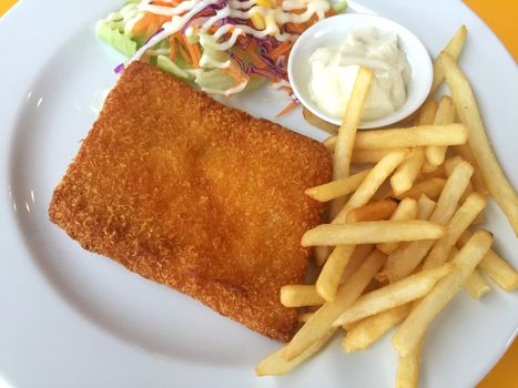 closeup fried fish, chips and salad on a white dish. Horizontal photo