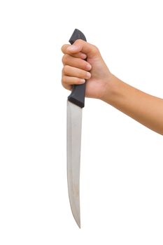 12 year old asian young girl holding long knife isolated on white background. Clipping path. violence concept.
