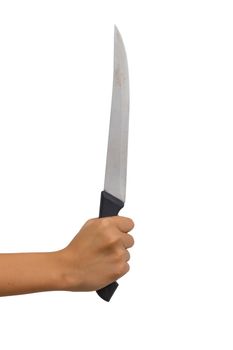 12 year old asian young girl holding long knife isolated on white background. Clipping path. violence concept.