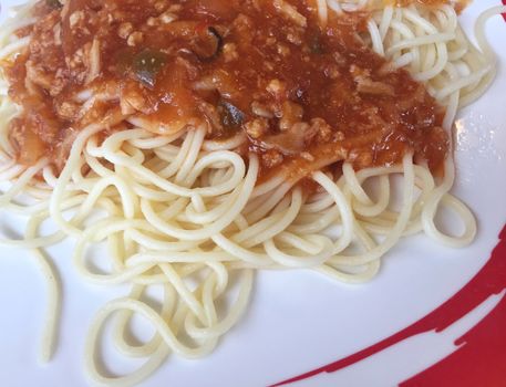 closeup spaghetti Bolognese with tomato sauce, copyspace. horizontal photo