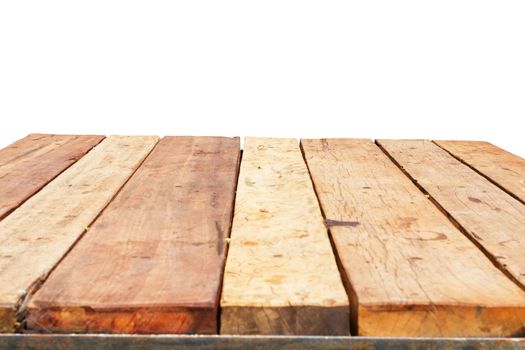 horizontal photo of old retro planked wood table in perspective isolated on white background