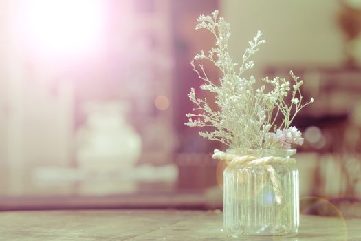 dry flowers in glass vase with rope on blurred background, copyspace. Vintage retro style. Len flare.