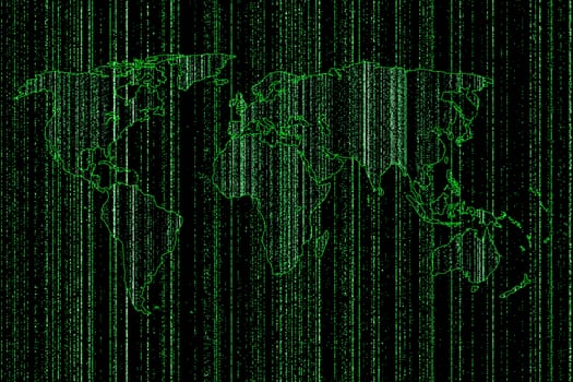 digital grren matrix with illustration of world map, technology concept