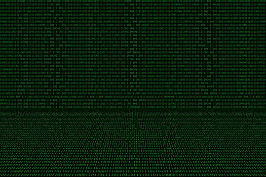 green binary computer code on black background, perspective