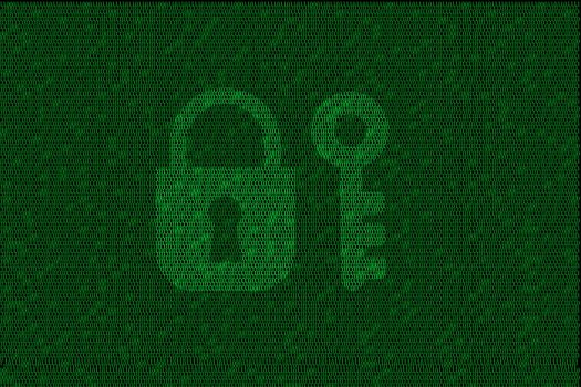 encrypted digital lock and key with green binary code