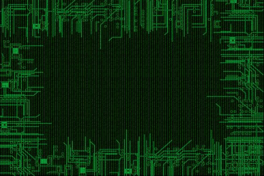 binary code background, with computer circuit in border, concept of information technologies 