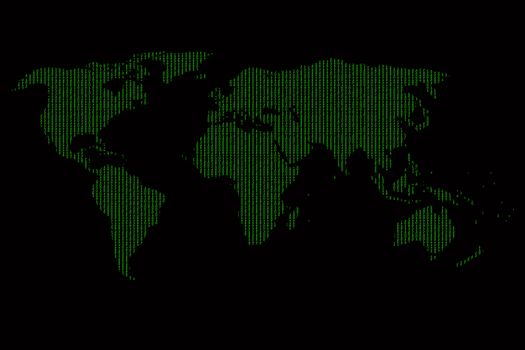 Digital World Map with binary code, on black background