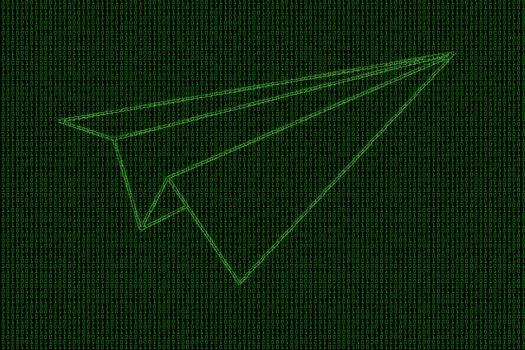 binary code with aircraft rocket paper fold glowing lines.