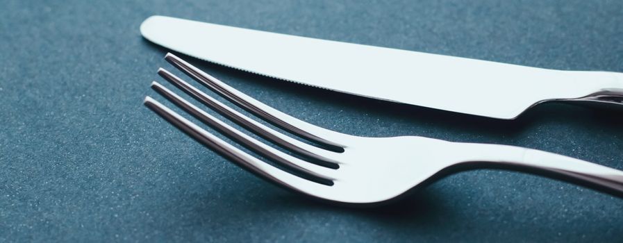 Fork and knife, silver cutlery for table decor, minimalistic design and diet concept