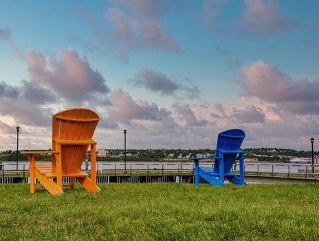 Blue and Orange Adirondacks on coast of Canada