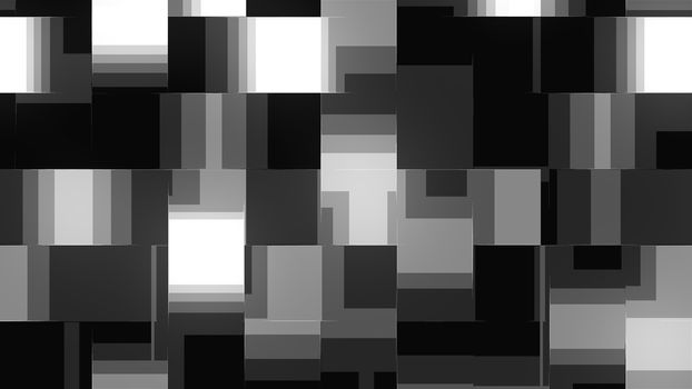 Computer generated abstract technology background. 3D rendering fusion effect of black and white square shapes