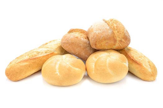 Group of fresh breads isolated on a white background in close-up.