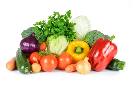 Healthy eating concept or green grocery shopping - group of selected fresh vegetables isolated on white background in close-up.