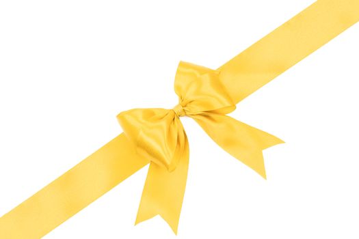 Gift card concept - shiny golden satin ribbon with bow isolated on white background 