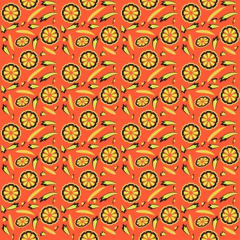 Vector seamless pattern with flowers of doodles made using stencil. Floral colorful background in hand draw childish style. Abstract summery simple illustration