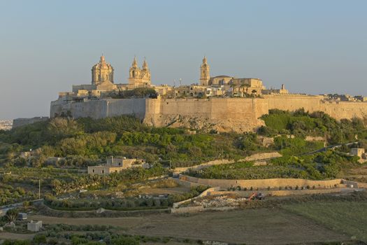 The medieval city of Mdina in Malta, at dusk.