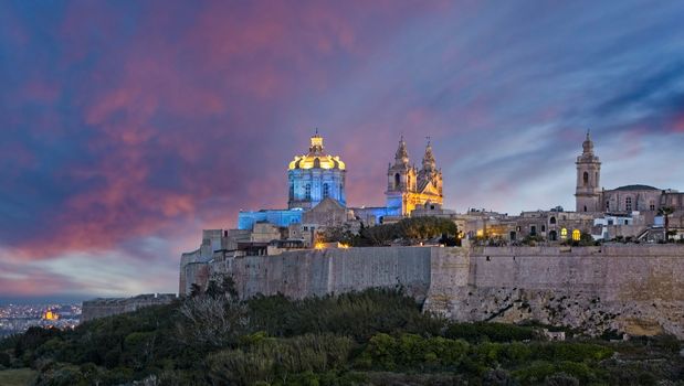 The medieval city of Mdina in Malta, at dusk.