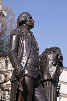 Statue of the first American President George Washington (1732-1799). Donated in 1921 by the people of Virginia, it stands outside the UK's National Gallery on Trafalgar Square, London.