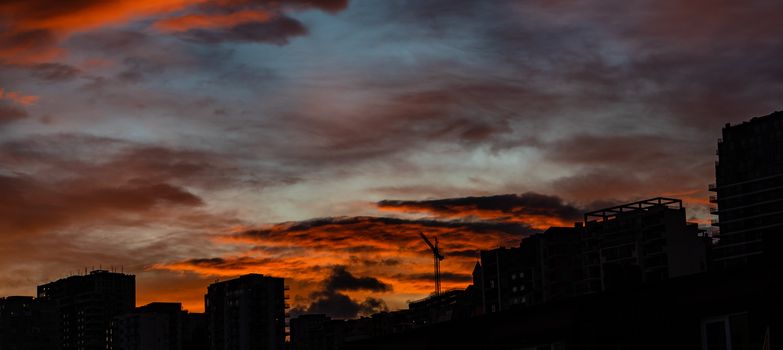 Bloody orange sunset over the downtown of Tbilisi, capital city of Georgia